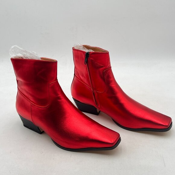 miss left Red Square Toe Low Chunky Heel Ankle Booties Chic Zip up Short Boot - Picture 3 of 7